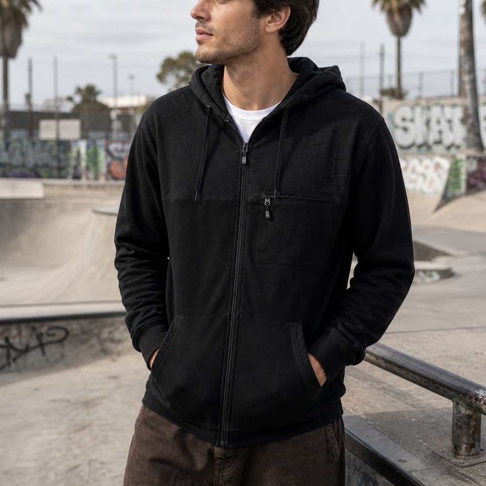 Quiksilver Black Zip Hoodie Size L Cotton Blend Full Zip Hooded Jacket Mens